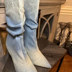 Thalia Sodi Light Blue Rhinestone Mid-Knee-High Pointed Toe Boots